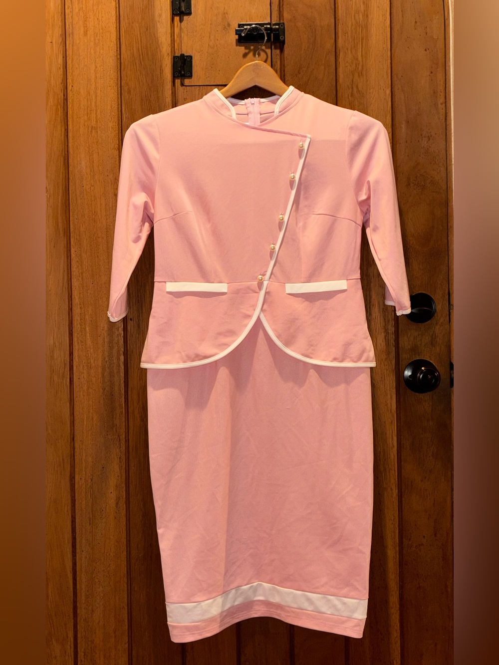 Elegant Pink One Piece Suit Illusion Dress with White Trim
